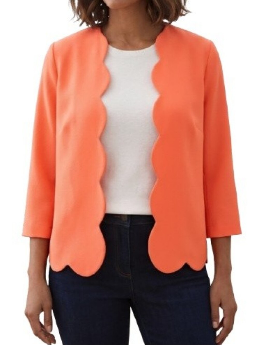 Atmosphere Neon Orange Blazer Scallop Trim 3/4 Sleeves Bright Open Front Solid